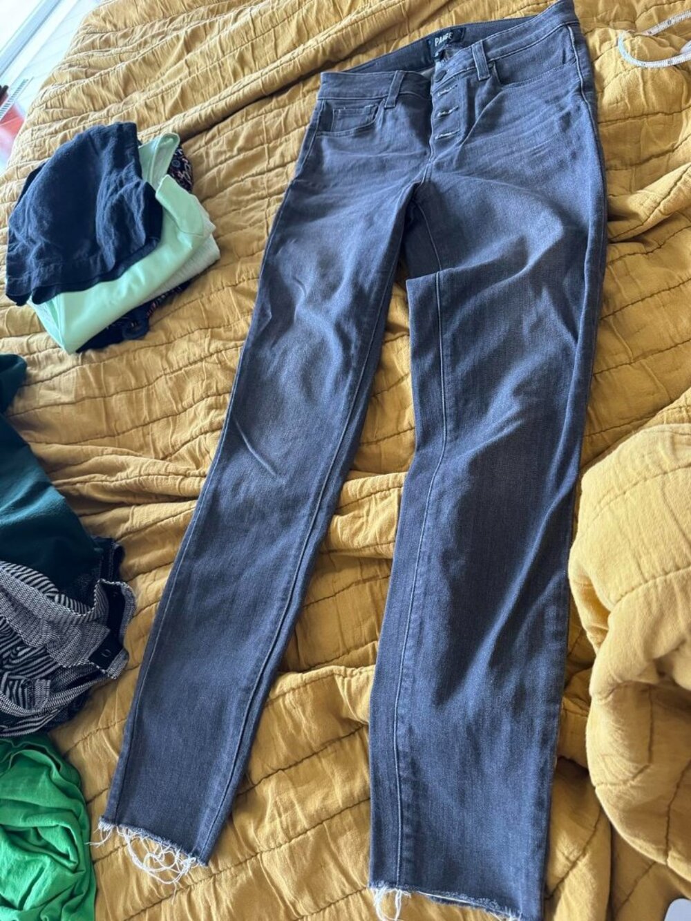 Paige Button Fly Skinny Jeans Gray Raw Hem Ankle Soft Stretch Women Size 25